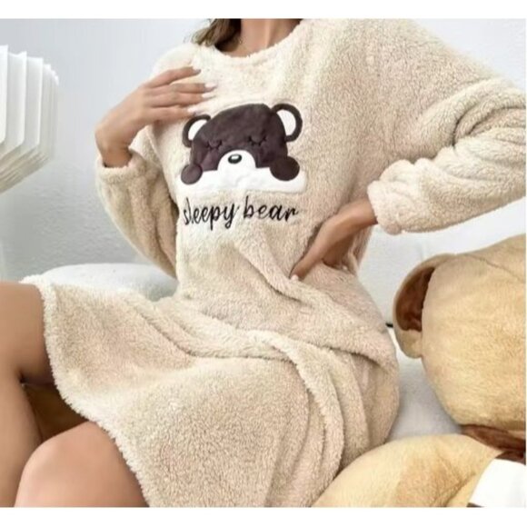 Sleepy Bear Womens Long Plush Pajama Dress Small Beige Sherpa Fleece Cozy Wear - Picture 1 of 12